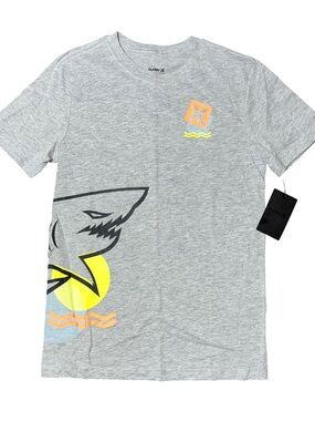 Hurley Grey Shark Retro 80s Logo Short Sleeve Shirt Boys Large NWT